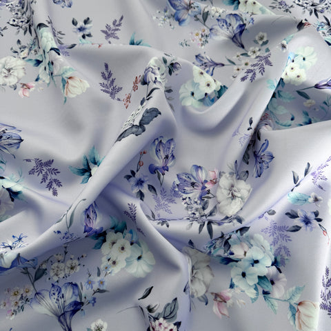 Cyan Blue Stretch Lace Fabric, Rose Floral Pattern