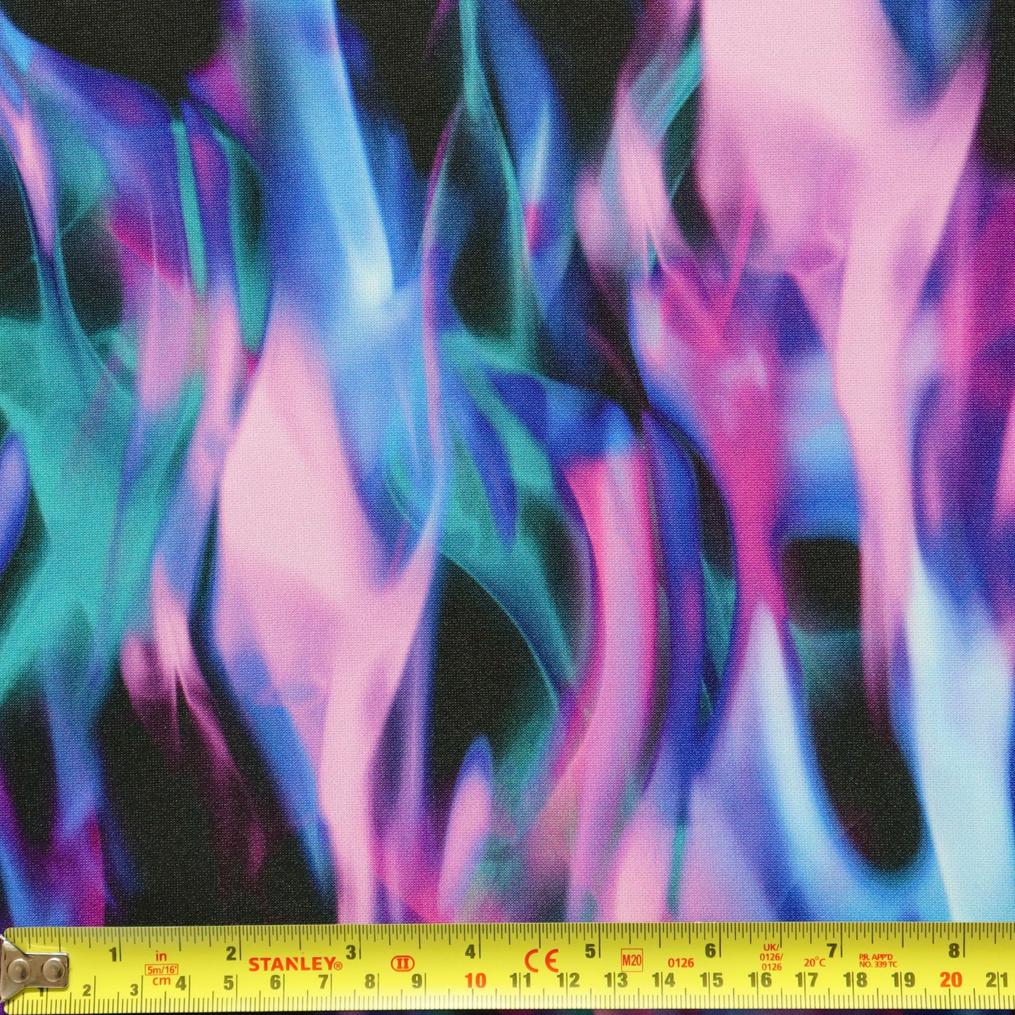 FS1212 Fusion Flames Tie Dye Print Scuba Stretch Knit Fabric | Fabric | Black, Blue, Colourful, drape, Fabric, fashion fabric, flames, New, Nude, paint, paint strokes, Purple, Scuba, sewing, Stretchy, tie dye | Fabric Styles