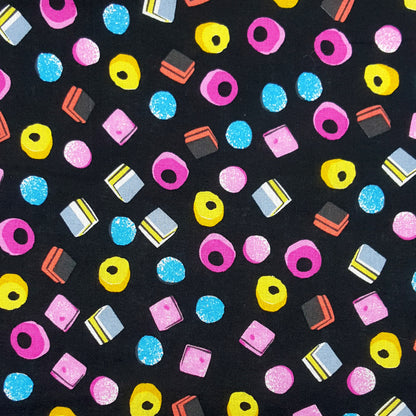 FS656 Liquorice Allsorts Sweets Cotton Fabric Black | Fabric | Black, blue, celebration, Cotton, Denim, drape, Fabric, fashion fabric, grey, licensed, Liquorice, making, sewing, Skirt, wedding, wedding theme | Fabric Styles