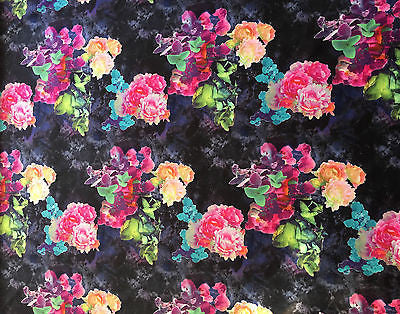 FS004_2 Bright Floral Scuba Fabric | Fabric | Black, Dress, Fabric, Floral, Flowers, Material, Pink, Print, Printed Fabric, Purple, Scuba, Splash, Stretch, summer, Swim, Tie Dye | Fabric Styles