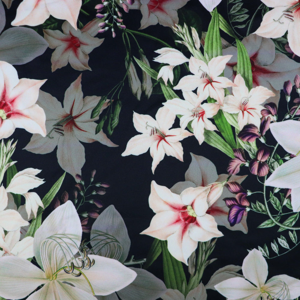 FS314 Lily Amaryllis Floral | Fabric | Amaryllis, Fabric, Floral, Flower, Flowers, Leaf, Leaves, Light, Lily, Oriental Lily, Pearl, Peony, Pink, Purple, Scuba, Summer, White | Fabric Styles