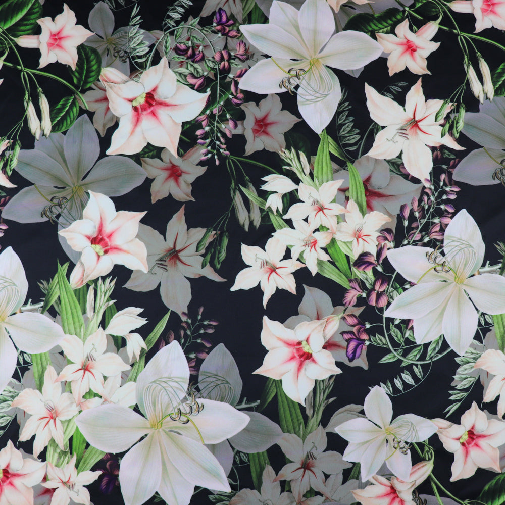 FS314 Lily Amaryllis Floral | Fabric | Amaryllis, Fabric, Floral, Flower, Flowers, Leaf, Leaves, Light, Lily, Oriental Lily, Pearl, Peony, Pink, Purple, Scuba, Summer, White | Fabric Styles