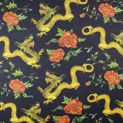 FS702 Dragon Floral Silky Stretch Knit Fabric Black | Fabric | Animal, Dragon, drape, Fabric, fashion fabric, floral, flower, Gold, Sale, sewing, Soft Touch, spandex, Stretchy | Fabric Styles