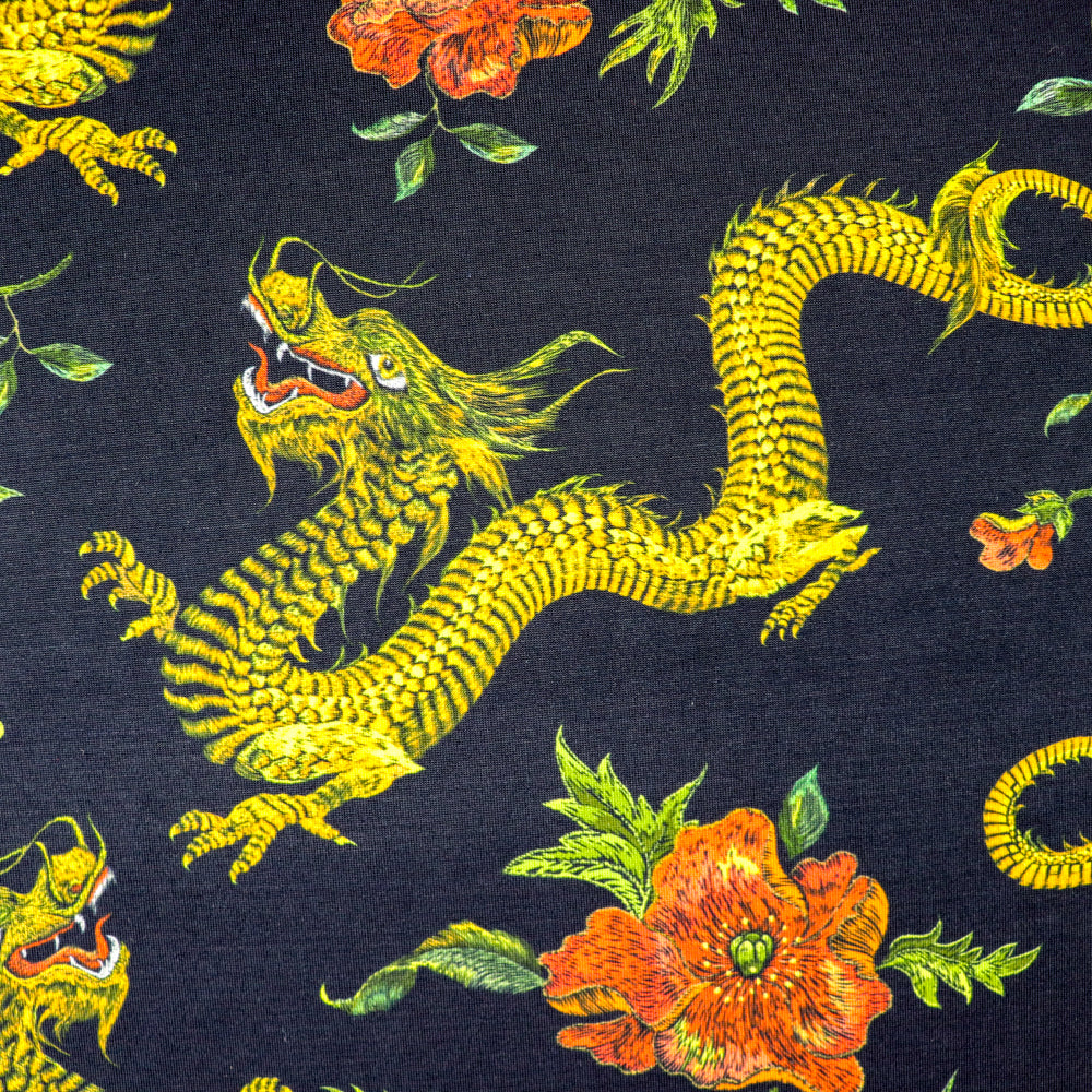 FS702 Dragon Floral Silky Stretch Knit Fabric Black | Fabric | Animal, Dragon, drape, Fabric, fashion fabric, floral, flower, Gold, Sale, sewing, Soft Touch, spandex, Stretchy | Fabric Styles