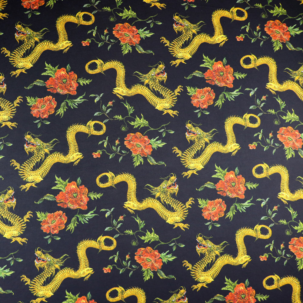 FS702 Dragon Floral Silky Stretch Knit Fabric Black | Fabric | Animal, Dragon, drape, Fabric, fashion fabric, floral, flower, Gold, Sale, sewing, Soft Touch, spandex, Stretchy | Fabric Styles