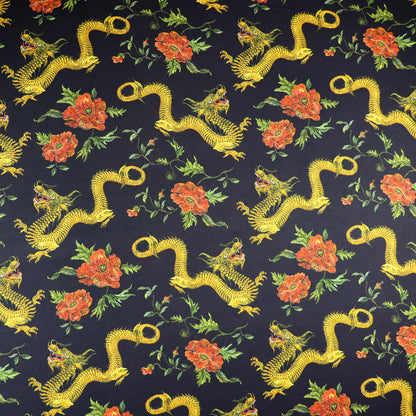 FS702 Dragon Floral Silky Stretch Knit Fabric Black | Fabric | Animal, Dragon, drape, Fabric, fashion fabric, floral, flower, Gold, Sale, sewing, Soft Touch, spandex, Stretchy | Fabric Styles