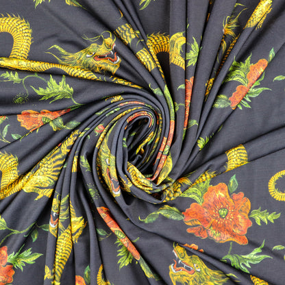 FS702 Dragon Floral Silky Stretch Knit Fabric Black | Fabric | Animal, Dragon, drape, Fabric, fashion fabric, floral, flower, Gold, Sale, sewing, Soft Touch, spandex, Stretchy | Fabric Styles