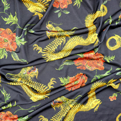 FS702 Dragon Floral Silky Stretch Knit Fabric Black | Fabric | Animal, Dragon, drape, Fabric, fashion fabric, floral, flower, Gold, Sale, sewing, Soft Touch, spandex, Stretchy | Fabric Styles