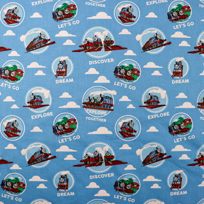 FS907_2 Thomas Explore Together | Fabric | Brand, Branded, cartoon, Cartoon Network, Children, comic, comics, Cotton, Engine, Fabric, fashion fabric, Friends, hero, Kids, Light blue, logo, making, Tank, The, Thom, Thomas, Thomas & Friends, Thomas the tank engine, Train | Fabric Styles