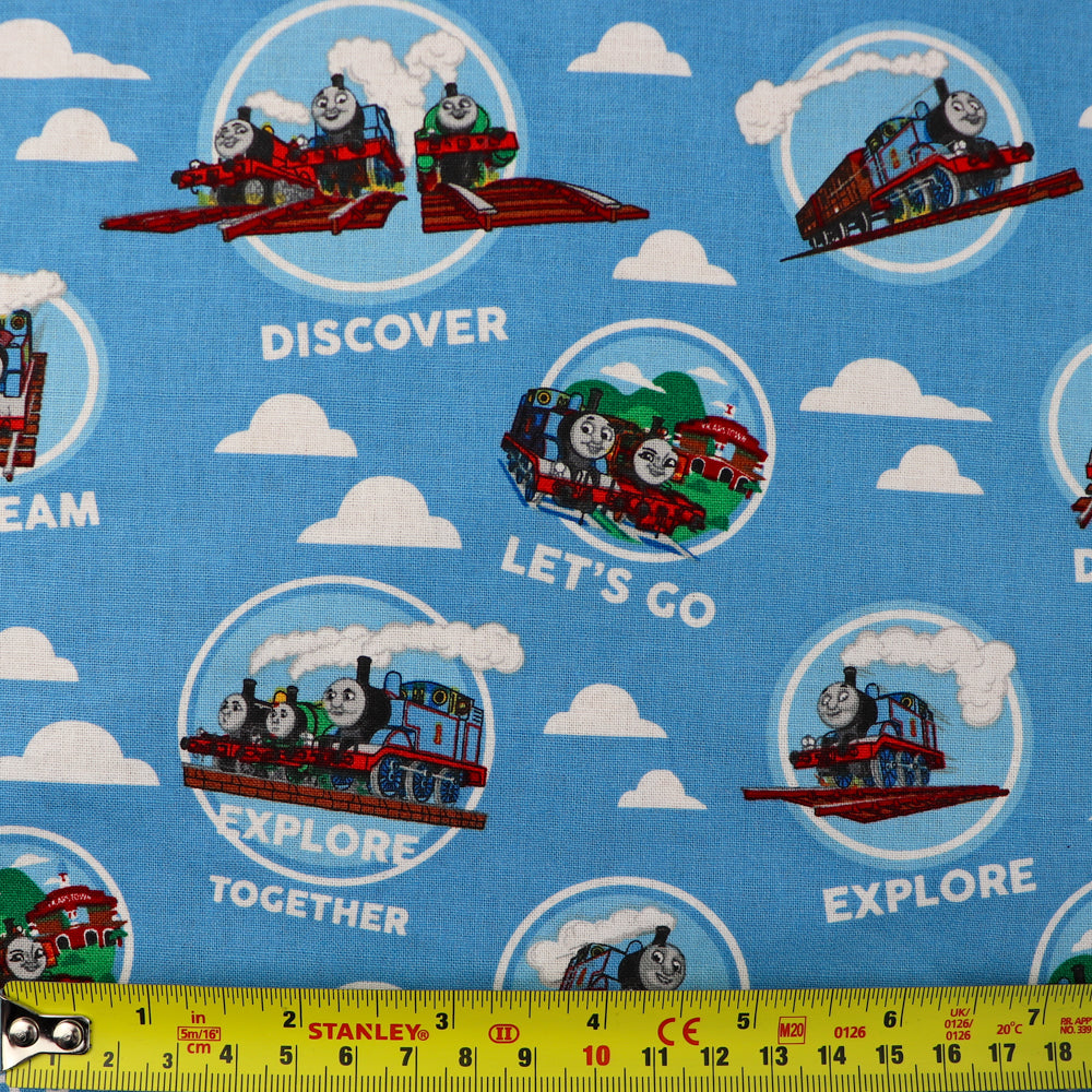 FS907_2 Thomas Explore Together | Fabric | Brand, Branded, cartoon, Cartoon Network, Children, comic, comics, Cotton, Engine, Fabric, fashion fabric, Friends, hero, Kids, Light blue, logo, making, Tank, The, Thom, Thomas, Thomas & Friends, Thomas the tank engine, Train | Fabric Styles