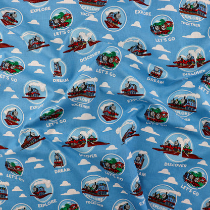 FS907_2 Thomas Explore Together | Fabric | Brand, Branded, cartoon, Cartoon Network, Children, comic, comics, Cotton, Engine, Fabric, fashion fabric, Friends, hero, Kids, Light blue, logo, making, Tank, The, Thom, Thomas, Thomas & Friends, Thomas the tank engine, Train | Fabric Styles