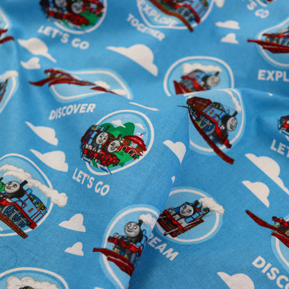 FS907_2 Thomas Explore Together | Fabric | Brand, Branded, cartoon, Cartoon Network, Children, comic, comics, Cotton, Engine, Fabric, fashion fabric, Friends, hero, Kids, Light blue, logo, making, Tank, The, Thom, Thomas, Thomas & Friends, Thomas the tank engine, Train | Fabric Styles