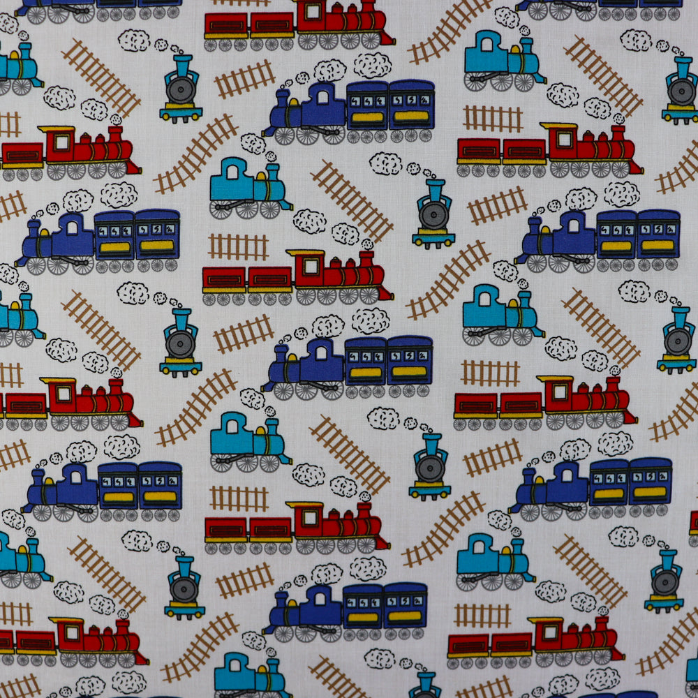 FS771_2 Train Track Polycotton | Fabric | Children, Colourful, drape, Fabric, fashion fabric, FS771, Green, Kids, making, Navy, Poly, Poly Cotton, Sale, sewing, Skirt, Train Track, Unicorn, White | Fabric Styles