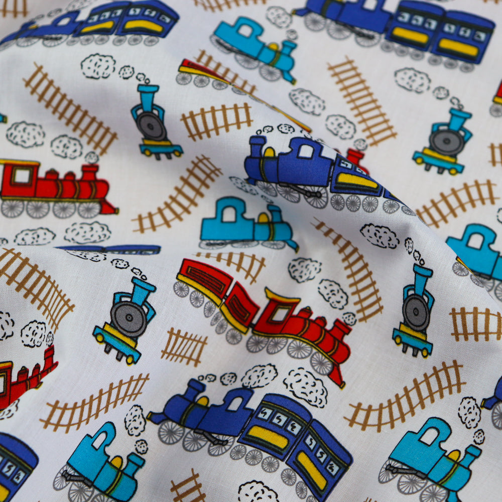 FS771_2 Train Track Polycotton | Fabric | Children, Colourful, drape, Fabric, fashion fabric, FS771, Green, Kids, making, Navy, Poly, Poly Cotton, Sale, sewing, Skirt, Train Track, Unicorn, White | Fabric Styles