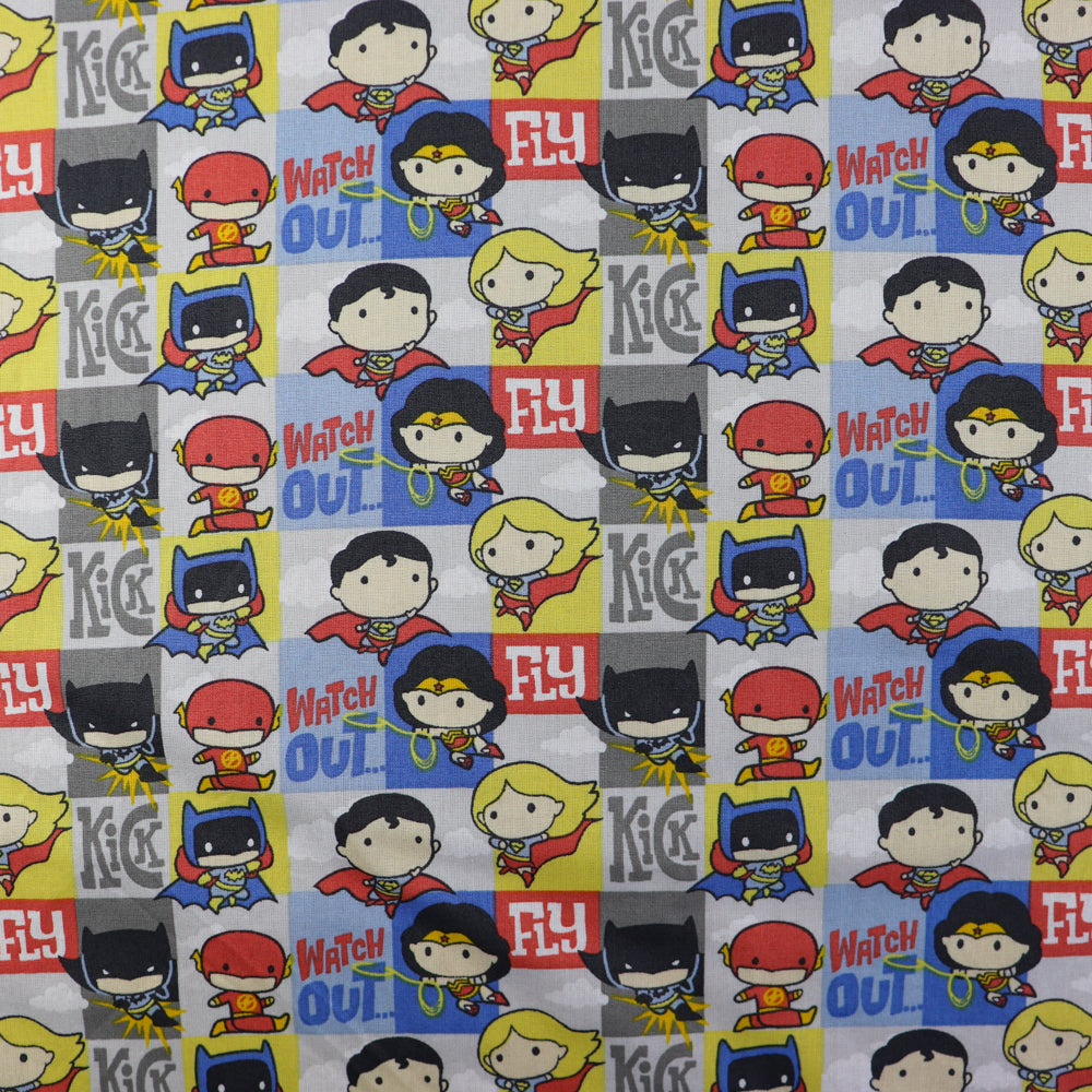 FS783_3 JL Heroes In Action DC | Fabric | batman, Blue, Brand, Branded, Children, comic, comics, Cotton, Cotton SALE, dc, drape, Fabric, fashion fabric, flash, hero, Kids, Light blue, logo, making, man, Navy, super, superhero, Superman | Fabric Styles