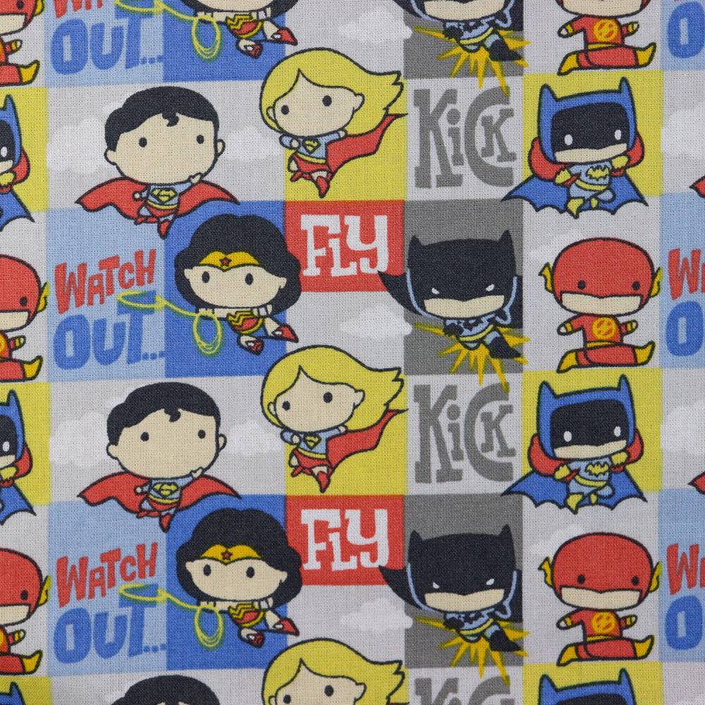 FS783_3 JL Heroes In Action DC | Fabric | batman, Blue, Brand, Branded, Children, comic, comics, Cotton, Cotton SALE, dc, drape, Fabric, fashion fabric, flash, hero, Kids, Light blue, logo, making, man, Navy, super, superhero, Superman | Fabric Styles