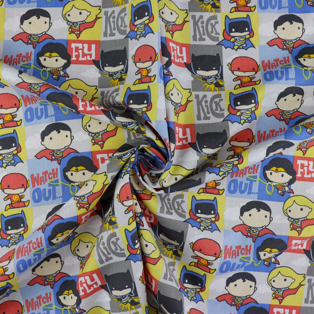 FS783_3 JL Heroes In Action DC | Fabric | batman, Blue, Brand, Branded, Children, comic, comics, Cotton, Cotton SALE, dc, drape, Fabric, fashion fabric, flash, hero, Kids, Light blue, logo, making, man, Navy, super, superhero, Superman | Fabric Styles