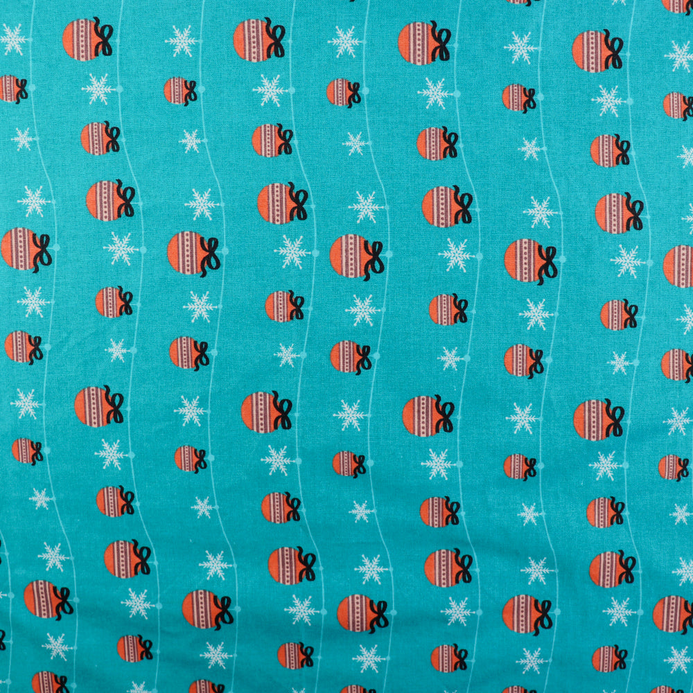 FS682_2 Festive Mount Baubles Cotton Fabric Green | Fabric | blue, celebration, Christmas, Cotton, drape, Dream, Fabric, fashion fabric, Festive, Light blue, making, SALE, sewing, Skirt, Snowflake, Xmas | Fabric Styles