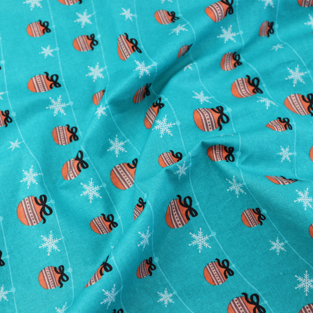 FS682_2 Festive Mount Baubles Cotton Fabric Green | Fabric | blue, celebration, Christmas, Cotton, drape, Dream, Fabric, fashion fabric, Festive, Light blue, making, SALE, sewing, Skirt, Snowflake, Xmas | Fabric Styles