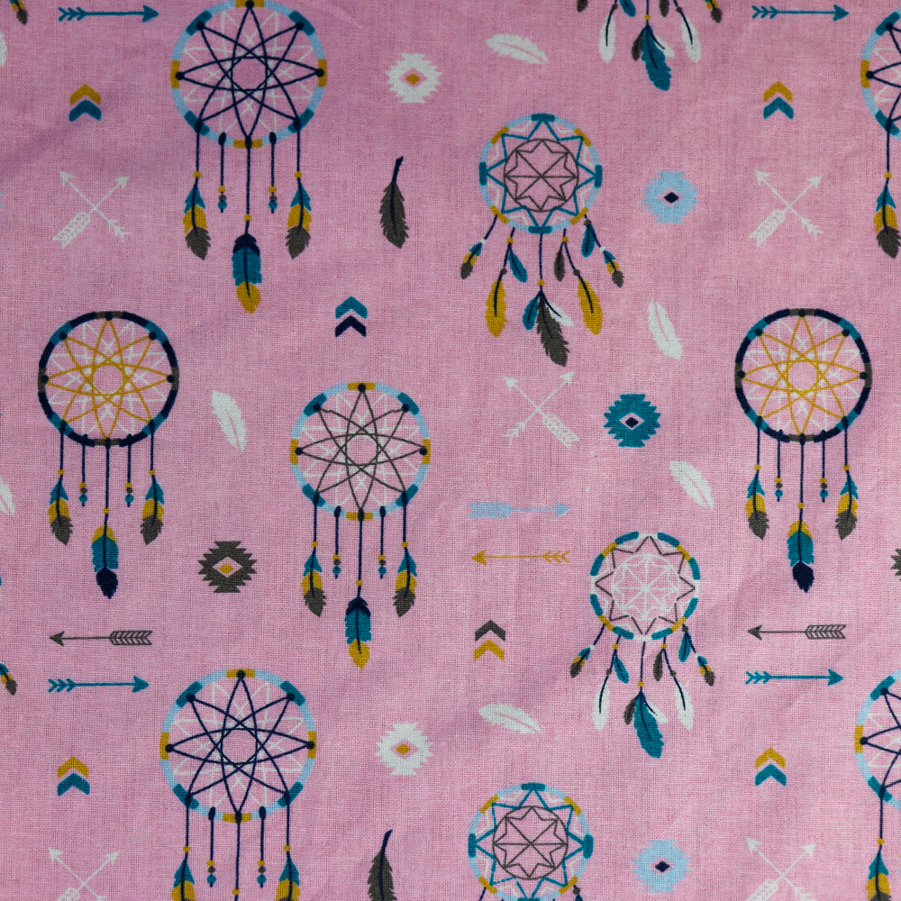 FS681 Totem Dream Catcher Pink | Fabric | blue, celebration, children's, Cotton, Denim, drape, Dream, Dream Catcher, Fabric, fashion fabric, Feather, Feathers, kid, kids, Light blue, making, SALE, sewing, Skirt, Totem | Fabric Styles