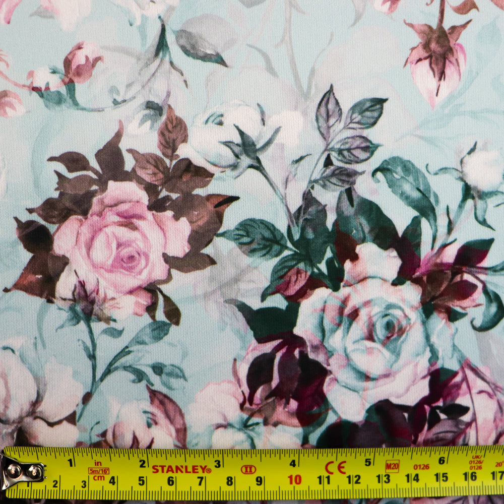 FS1005 Rose Bouquet Scuba Stretch Knit Fabric Mint | Fabric | fabric, floral, mint, pink rose, Printed, roses, scuba | Fabric Styles