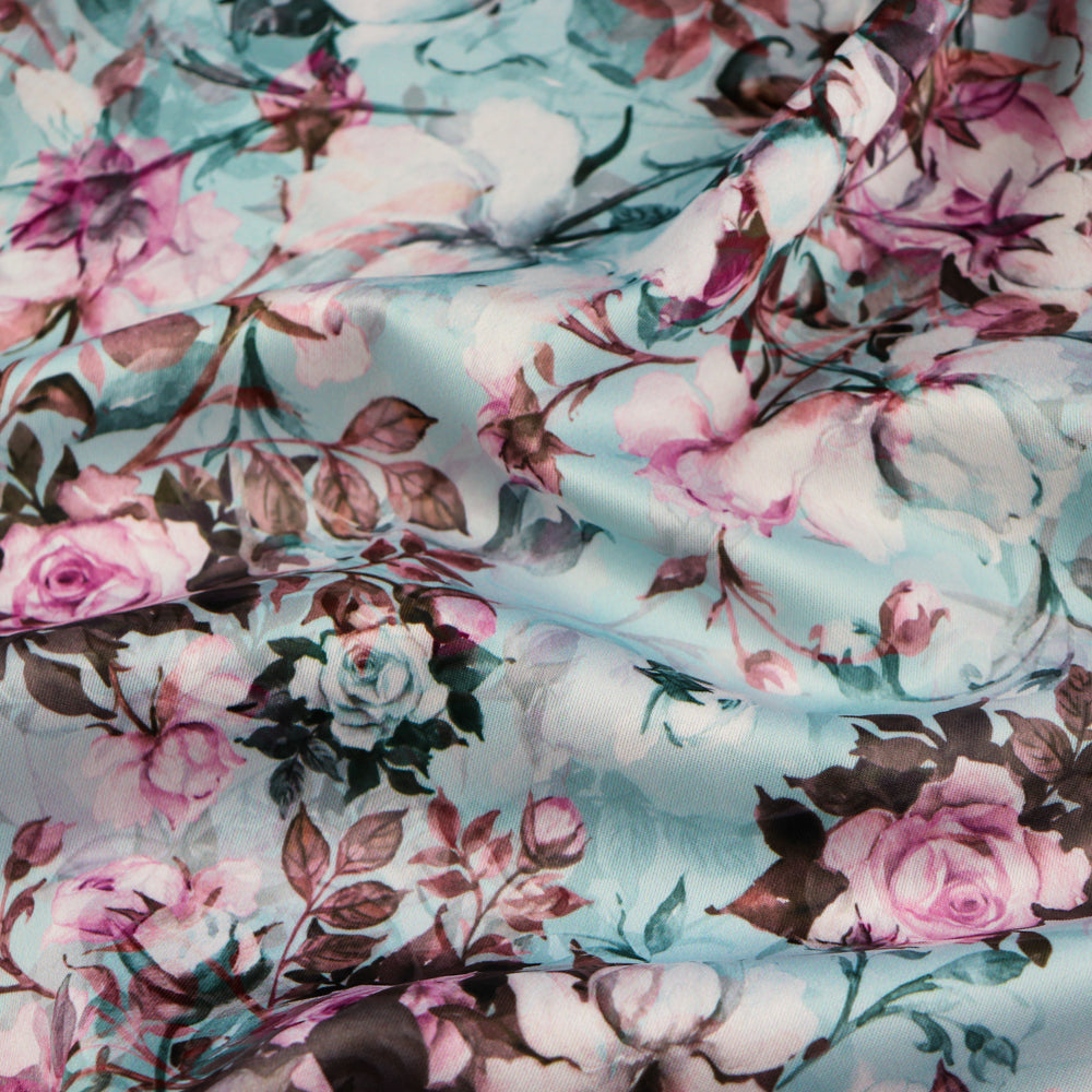 FS1005 Rose Bouquet Scuba Stretch Knit Fabric Mint | Fabric | fabric, floral, mint, pink rose, Printed, roses, scuba | Fabric Styles