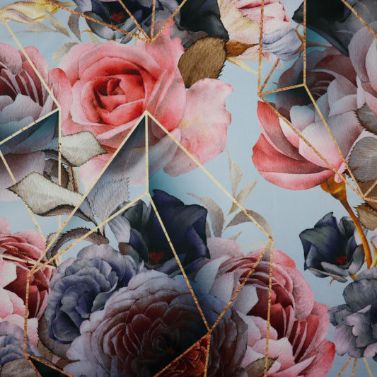 FS1003 Geometric Crystal Peony Scuba Stretch Knit Fabric Grey | Fabric | fabric, Floral, Flower, Flowers, geometric, grey, Limited, pink rose, scuba, tiles | Fabric Styles