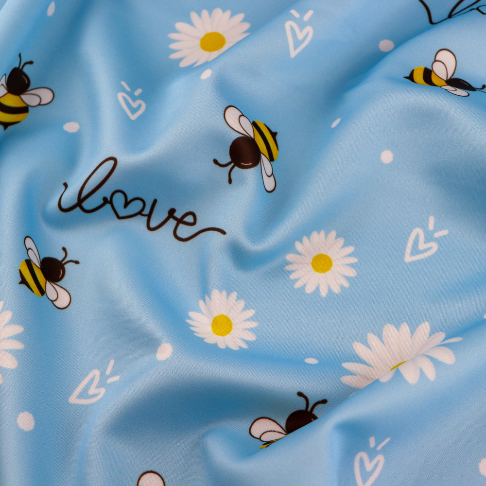 FS1007 Bee Lover Scuba Stretch Knit Fabric Baby Blue | Fabric | Bee, bees, daisies, daisy, fabric, floral, lover, scuba, Summer, Sun | Fabric Styles