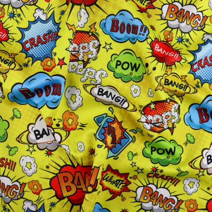 FS161 Comic Print Scuba Stretch Fabric Grey Blue Yellow White | Fabric | Bang, Blue, Boom, Comic, drape, Exclusive, Fabric, fashion fabric, Grey, jersey, making, Scuba, sewing, Stretchy, White, Yellow | Fabric Styles