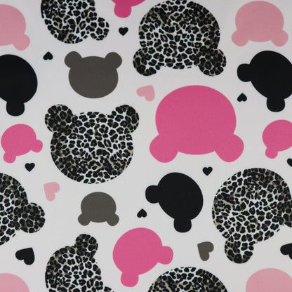 FS1002 Teddy Bear Leopard Scuba Stretch Knit Fabric White | Fabric | animal, bear head, bears, Fabric, leopard, pink, scuba, teddy | Fabric Styles