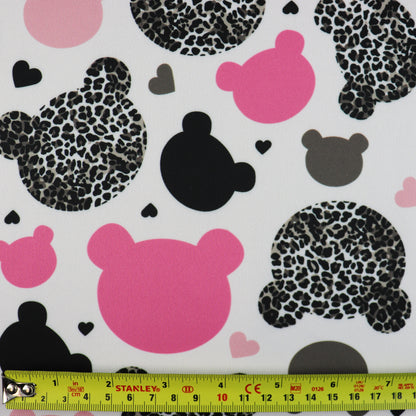 FS1002 Teddy Bear Leopard Scuba Stretch Knit Fabric White | Fabric | animal, bear head, bears, Fabric, leopard, pink, scuba, teddy | Fabric Styles