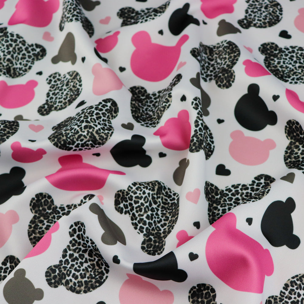 FS1002 Teddy Bear Leopard Scuba Stretch Knit Fabric White | Fabric | animal, bear head, bears, Fabric, leopard, pink, scuba, teddy | Fabric Styles