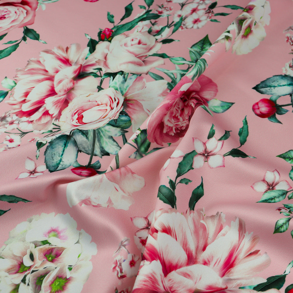 FS1033 Pink Rose Floral Scuba Stretch Knit Fabric Pink | Fabric | Butterfly, fabric, floral, flowers, pink, Poppies, Poppy, rose, roses, scuba, watercolour | Fabric Styles