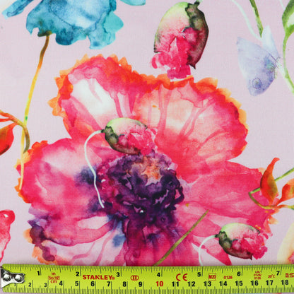 FS1009 Butterfly Poppies Scuba Stretch Knit Fabric Pink | Fabric | Butterfly, fabric, floral, flowers, pink, Poppies, Poppy, rose, roses, scuba, watercolour | Fabric Styles