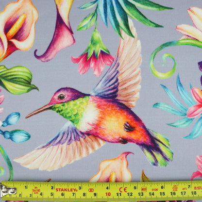 FS1006 Humming Bird Floral Scuba Stretch Knit Fabric Lilac | Fabric | bird, Birds, fabric, floral, Humming, Humming bird, Lilac, pink rose, scuba | Fabric Styles