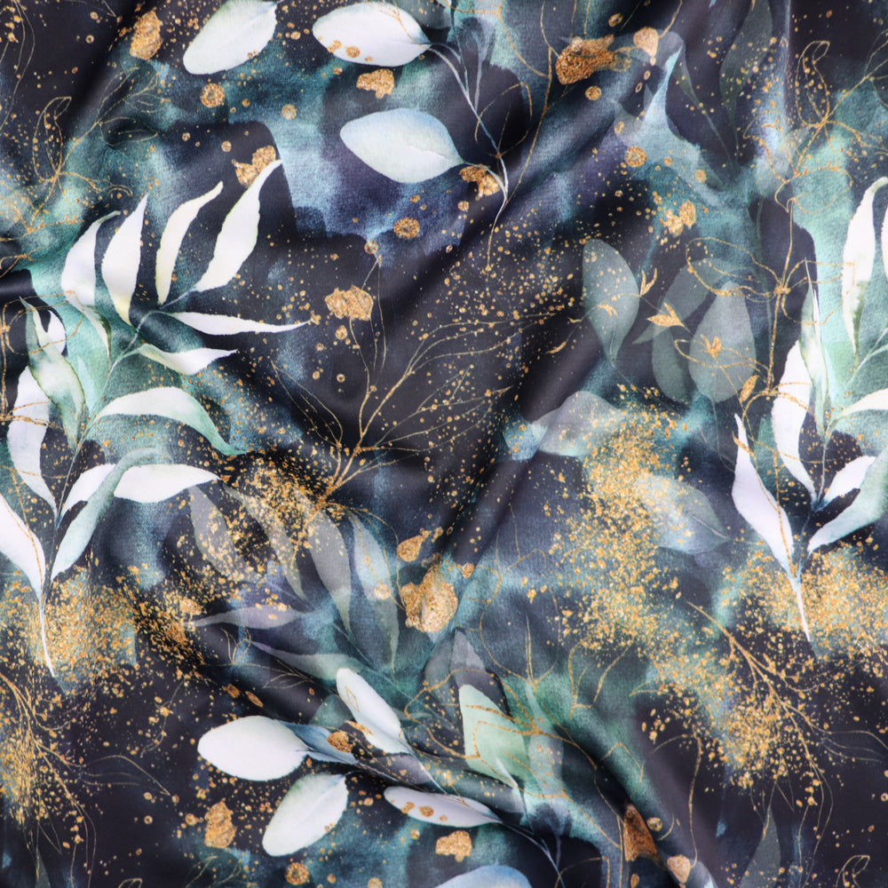 FS1014 Gold Dust Floral Scuba Stretch Knit Fabric Black Green | Fabric | Black, Dress, Dressmaking, fabric, gold, Green, multicolour, scuba, Stretch | Fabric Styles