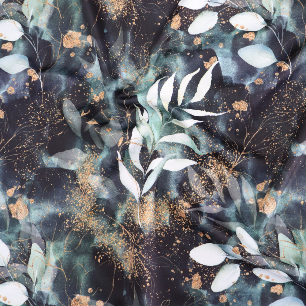 FS1014 Gold Dust Floral Scuba Stretch Knit Fabric Black Green | Fabric | Black, Dress, Dressmaking, fabric, gold, Green, multicolour, scuba, Stretch | Fabric Styles