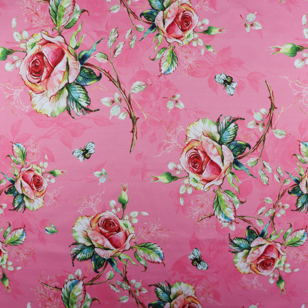 FS1008 Bumble Bee Floral Scuba Stretch Knit Fabric Pink | Fabric | Bee, fabric, floral, flowers, pink, rose, roses, scuba | Fabric Styles