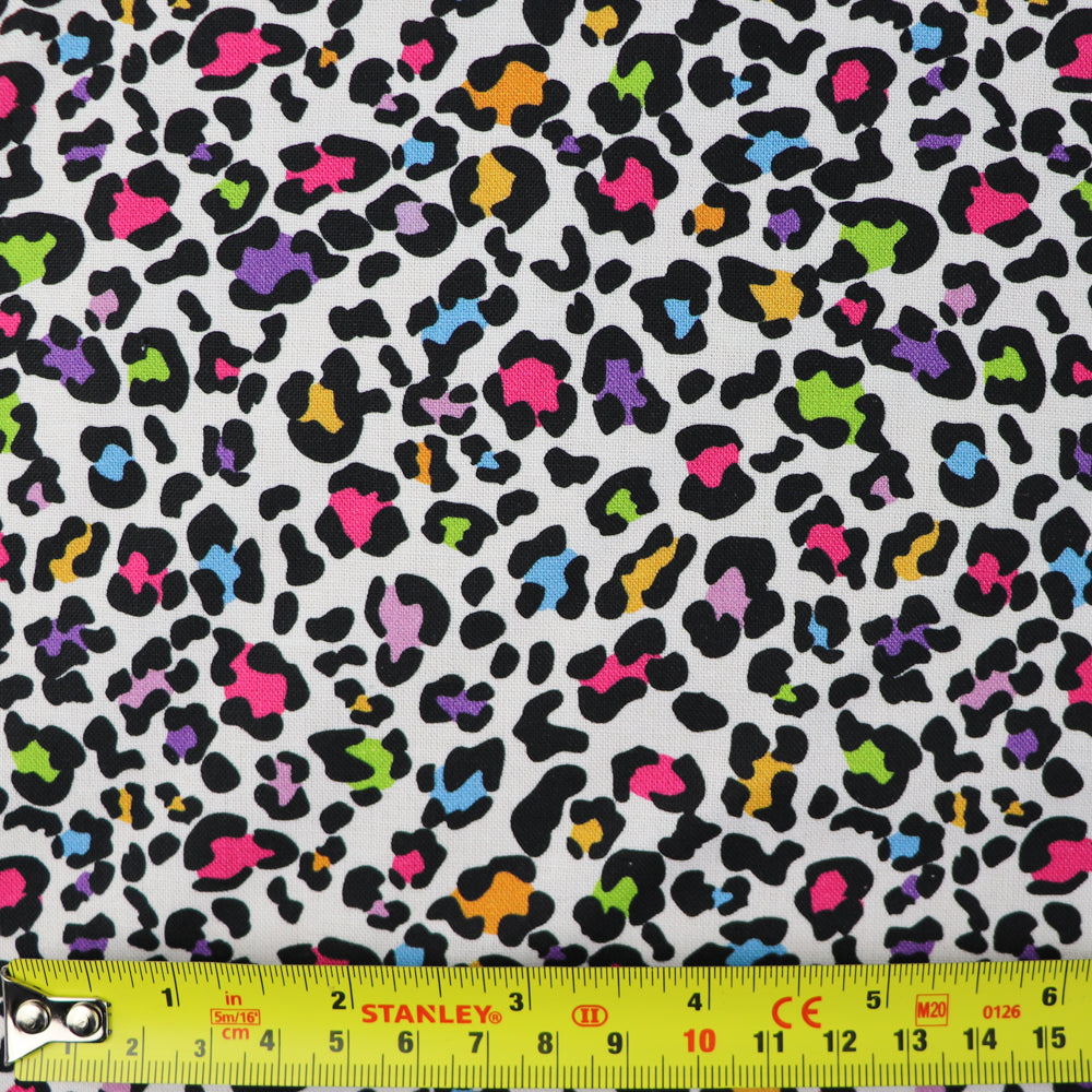 FS1024 Funky Leopard Cotton Fabric Rainbow | Fabric | animal, children, Cotton, drape, Fabric, fashion fabric, Fur, Kids, Leopard, Lightning, making, Rainbow, sewing, Skirt | Fabric Styles