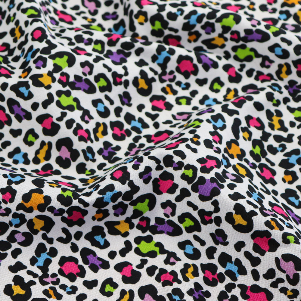 FS1024 Funky Leopard Cotton Fabric Rainbow | Fabric | animal, children, Cotton, drape, Fabric, fashion fabric, Fur, Kids, Leopard, Lightning, making, Rainbow, sewing, Skirt | Fabric Styles