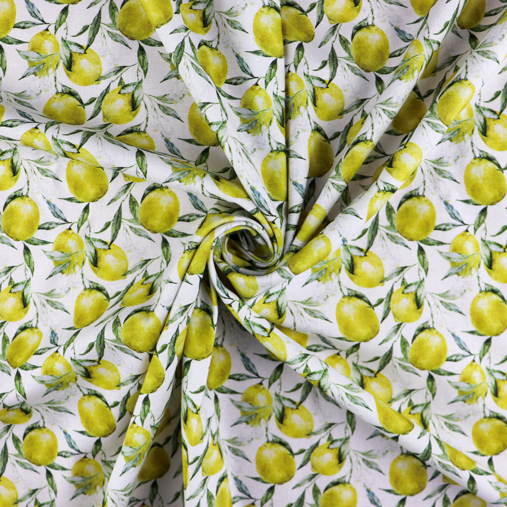 FS1028 Lemons Cotton Fabric White | Fabric | children, Cotton, drape, Fabric, fashion fabric, Fruit, Kids, Lemon, Lemons, making, sewing, Skirt | Fabric Styles