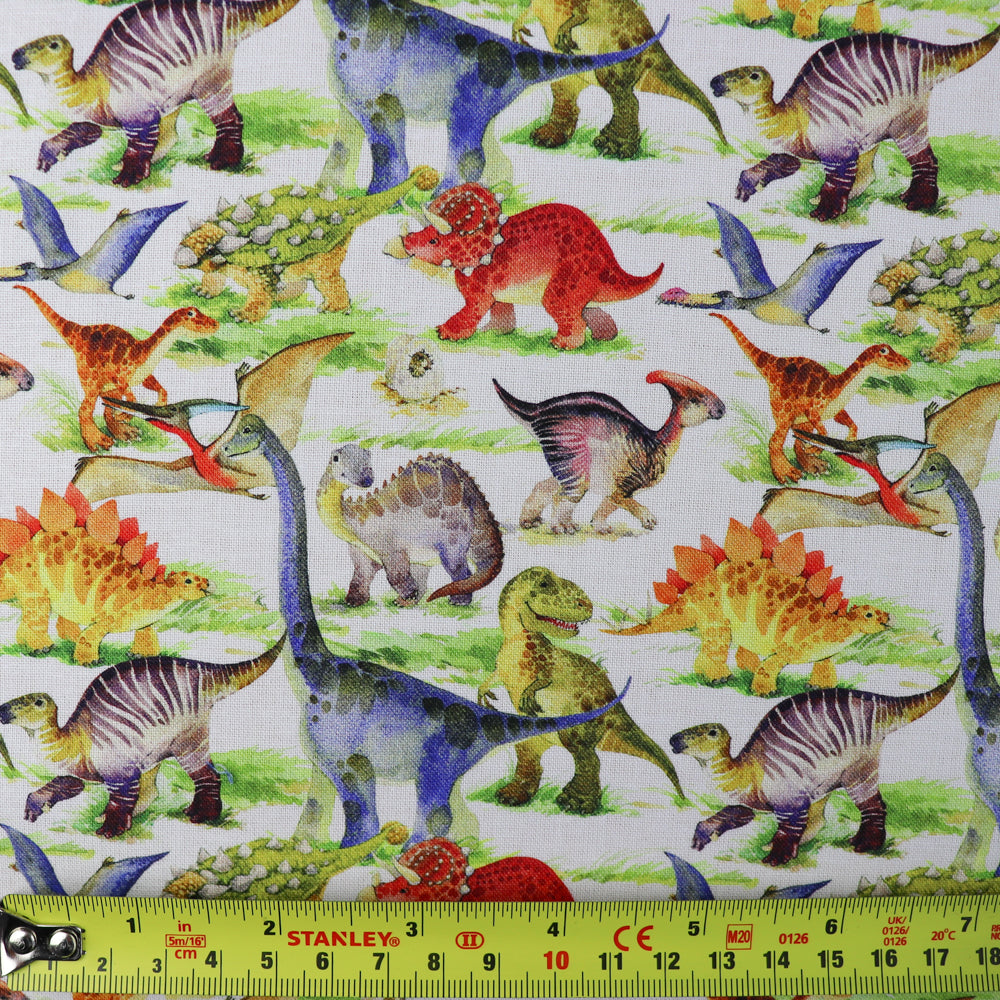 FS1027 Dinosaur Land Cotton Fabric White | Fabric | children, Cotton, Dino, Dinosaur, Dinosaurs, drape, Fabric, fashion fabric, Kids, Lightning, making, sewing, Skirt | Fabric Styles