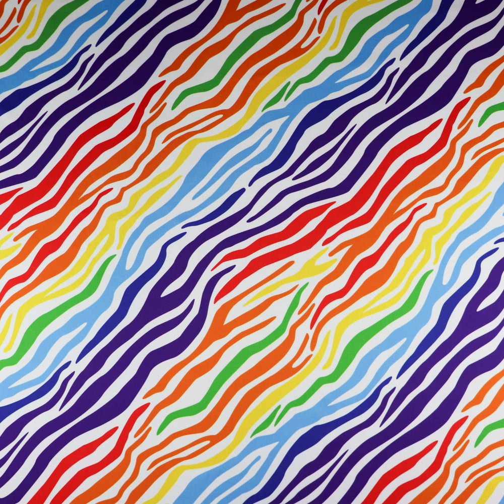 FS1013 Zebra Scuba Stretch Knit Fabric Rainbow | Fabric | blue, fabric, green, multicolour, orange, purple, rainbow, red, scuba, yellow, zebra | Fabric Styles