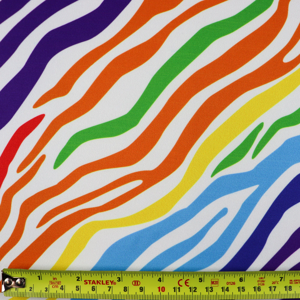 FS1013 Zebra Scuba Stretch Knit Fabric Rainbow | Fabric | blue, fabric, green, multicolour, orange, purple, rainbow, red, scuba, yellow, zebra | Fabric Styles