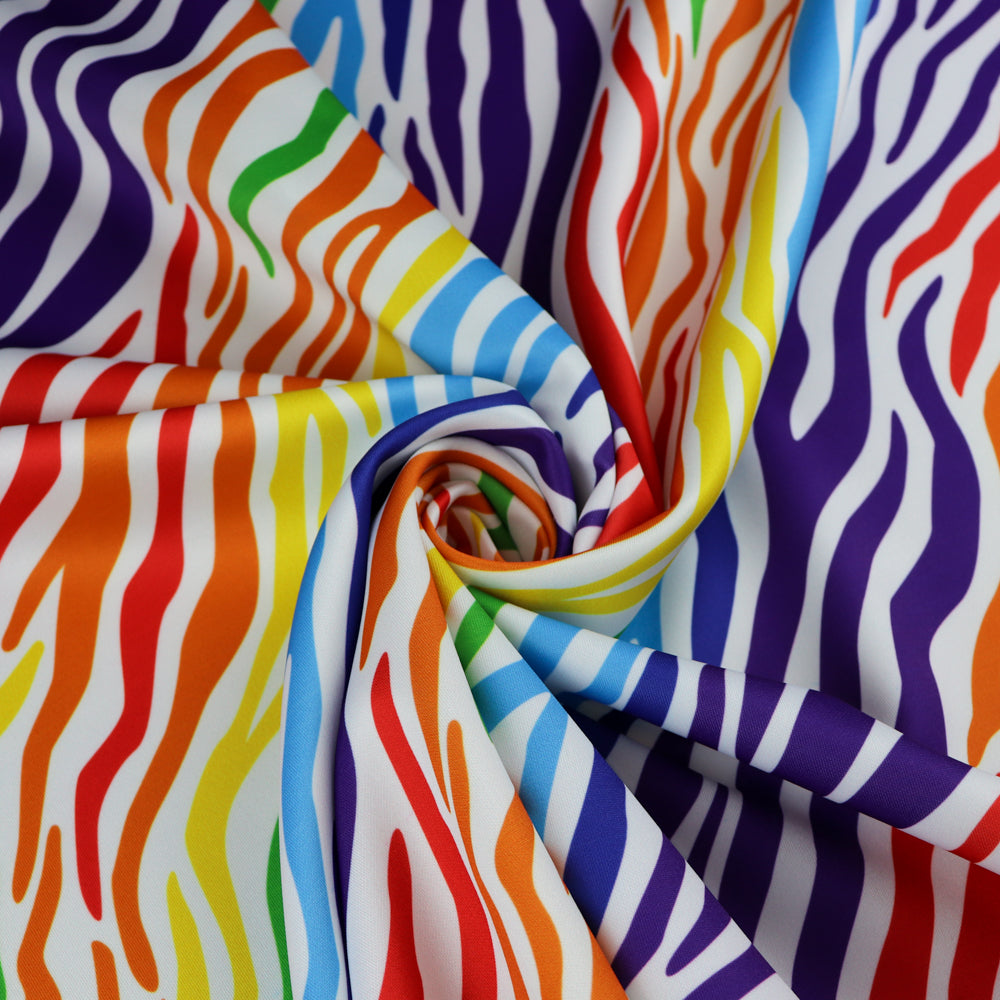 FS1013 Zebra Scuba Stretch Knit Fabric Rainbow | Fabric | blue, fabric, green, multicolour, orange, purple, rainbow, red, scuba, yellow, zebra | Fabric Styles