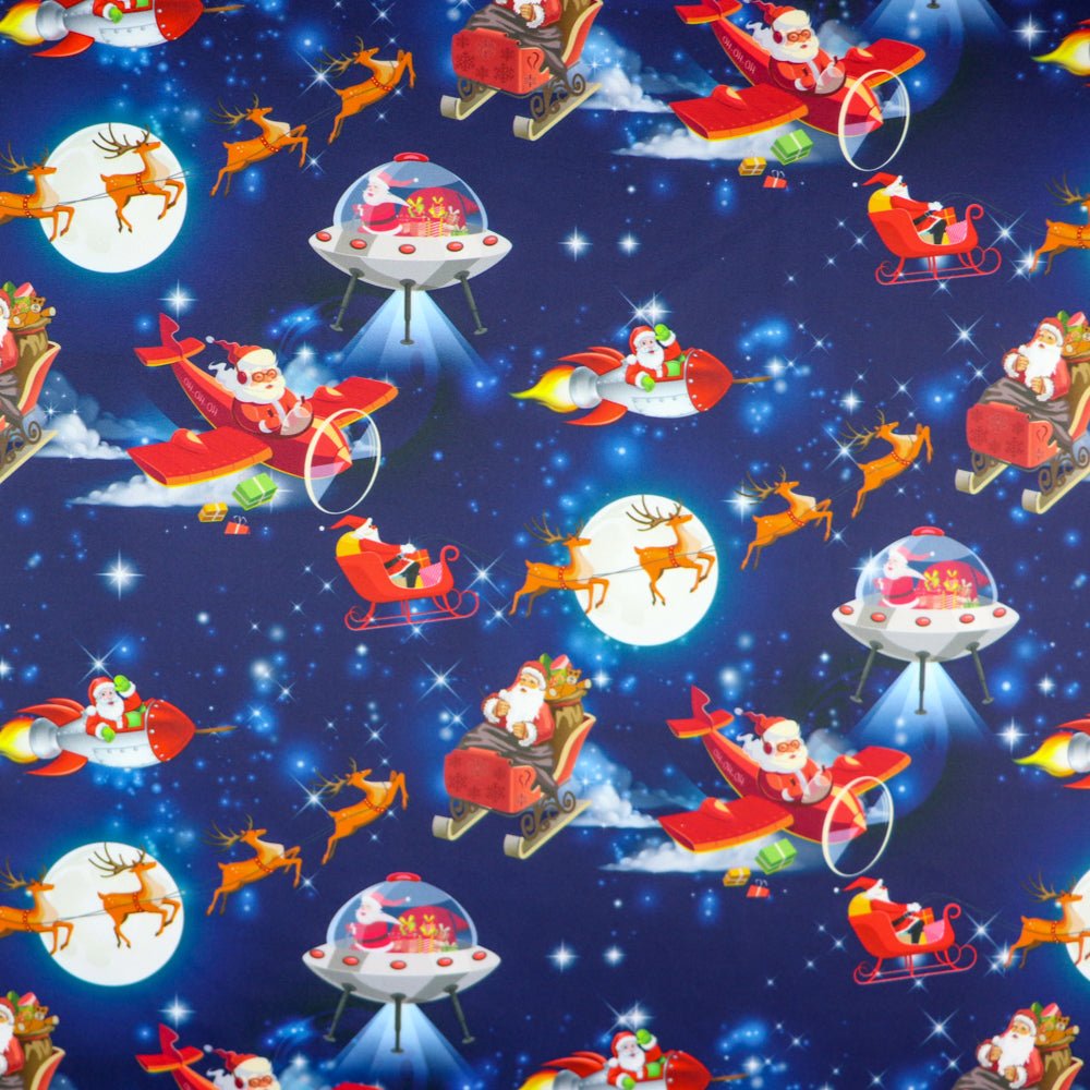 FS1073 Santas Deliveries Scuba Stretch Knit Fabric Blue | Fabric | blue, Christmas, Christmas scuba, drape, Fabric, fashion fabric, making, Moon, Plane, Reindeer, Santa, Scuba, sewing, Sledge, sleigh, Stars, Stretchy, xmas | Fabric Styles