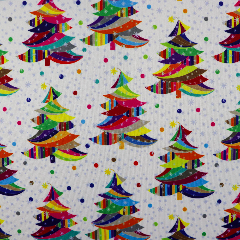 FS1068 Wrapped Xmas Tree Scuba Stretch Knit Fabric White | Fabric | Christmas, Christmas scuba, christmas tree, Colours, Craft, Crafts, dots, Fabric, Fabrics, fashion fabric, rainbow, scuba, sewing, Spots, tree, White, xmas | Fabric Styles