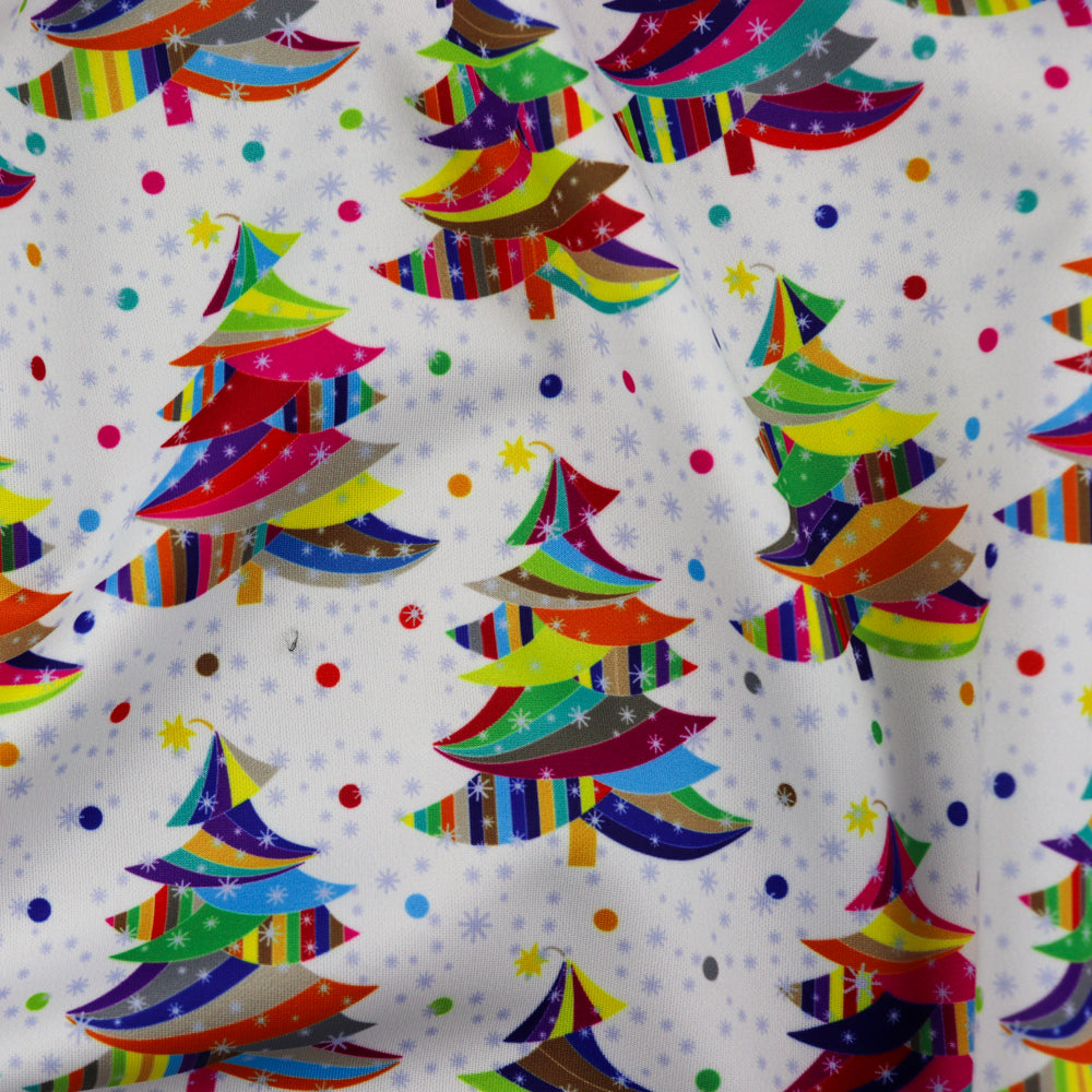 FS1068 Wrapped Xmas Tree Scuba Stretch Knit Fabric White | Fabric | Christmas, Christmas scuba, christmas tree, Colours, Craft, Crafts, dots, Fabric, Fabrics, fashion fabric, rainbow, scuba, sewing, Spots, tree, White, xmas | Fabric Styles