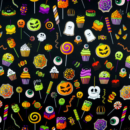 FS1065 Halloween Spooky Treats Scuba Stretch Knit Fabric Black