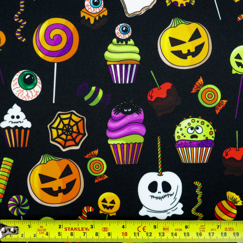 FS1065 Halloween Spooky Treats Scuba Stretch Knit Fabric Black